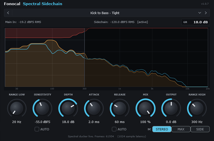 Spectral Sidechain plugin window showing the trigger and target spectra, gain reduction meter and control knobs